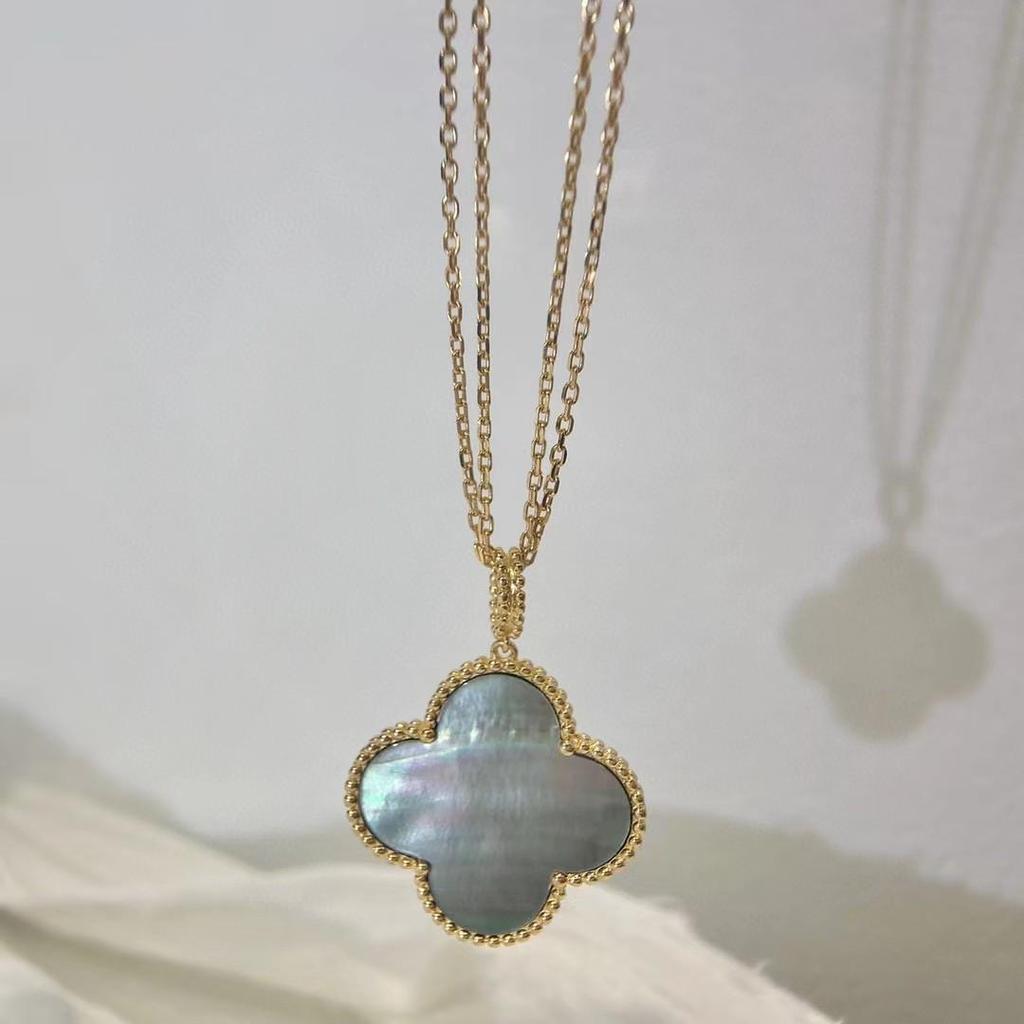 Women's Light Luxury Sweater Chain Necklace: White Mother-of-Pearl & Black Agate Four-Leaf Clover Pendant