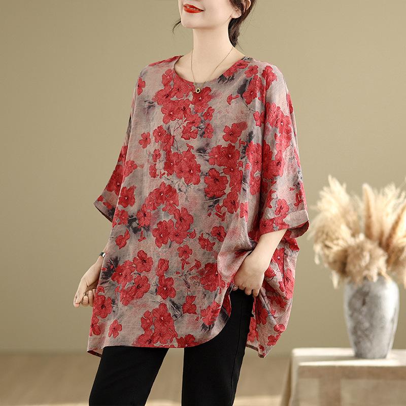 Summer New Artistic Plus Size Loose Print Round Neck Three Quarter Sleeve T-shirt
