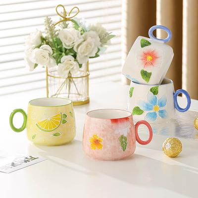 Creative Mug Japanese Hand Painted Embossed Ceramic Mug  Household Breakfast Mug  Couple Water Cup  High Value Coffee Mug