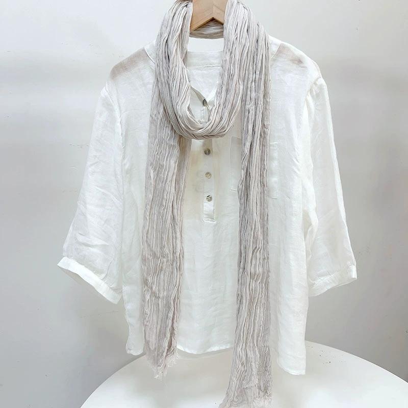 Solid Color Cotton Crinkled Scarf for Women Retro Neck Warmer Decorative Narrow Long Striped Scarf Wrap Shawl for Autumn 220cm