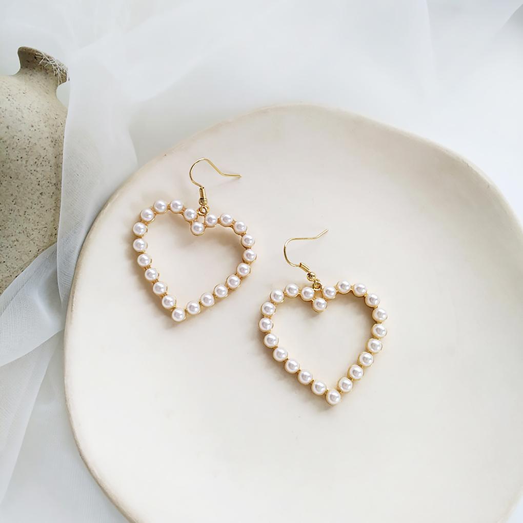 Love Heart Statement Earrings Alloy Faux Pearl Dangle Chain Hook Ear Drop Jewelry Gift for Women