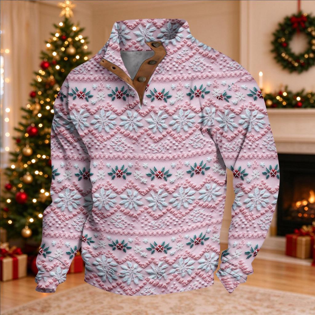 Herren Weihnachts-Print Langarm Knopfleiste Sweatshirt Top für Feiertagsparty und Freizeitkleidung