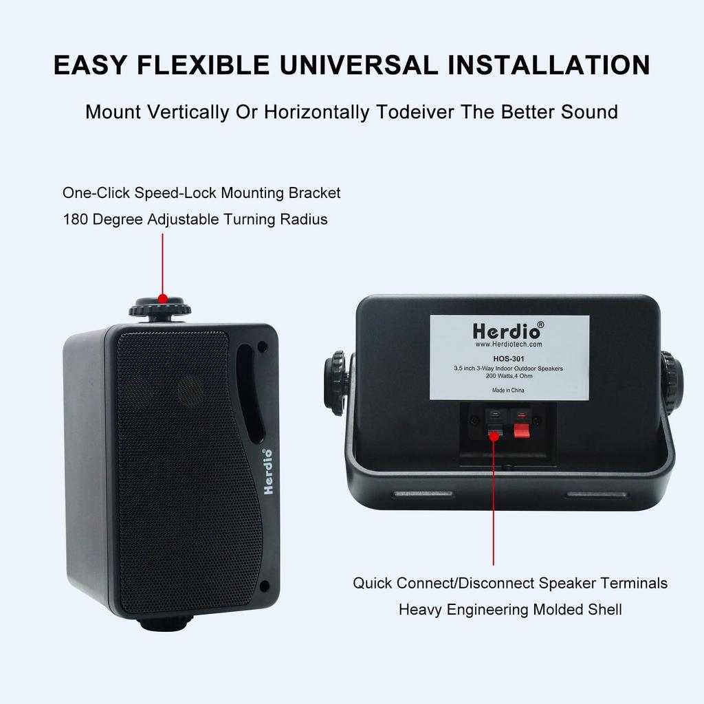Herdio Passive Outdoor Wired and 200W Premium Speaker Weatherproof and Durable for and Indoor Use 3.5-inch Speakers, Waterproof, 3-Way Wall-Mount