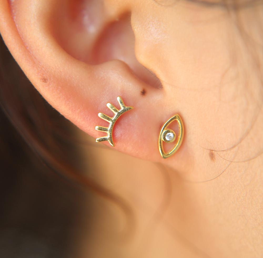 Finally Sale Simple Mini Cute Eyelash & Eye Type Ear Fine Jewelry Anti Allergy Gold Silver Plated Bling CZ Eyes Stud Earring