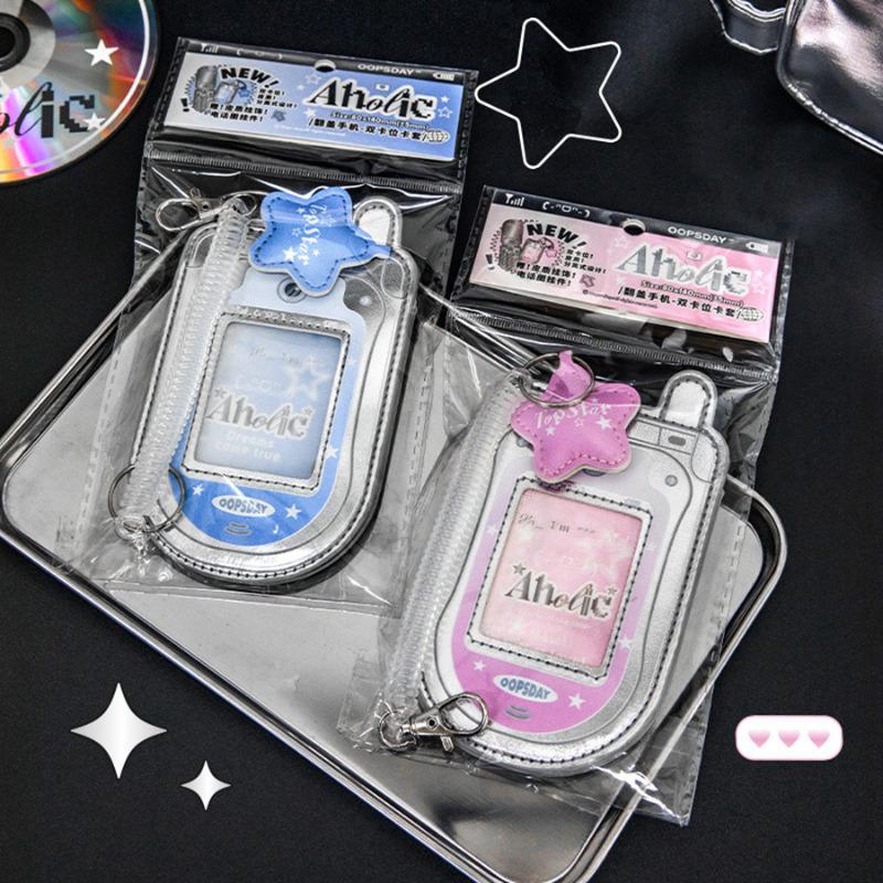 Cute Star Kpop Photocard Holder Keychain in Mobile Phone Design, Protective Cover for Photo Cards, Faux Leather ID Card Case