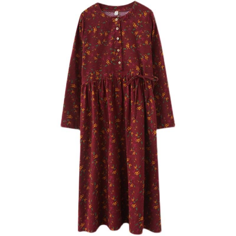 Women's Fall Waisted Cotton and Linen Dress Floral Long-sleeved Thin Long Skirt
