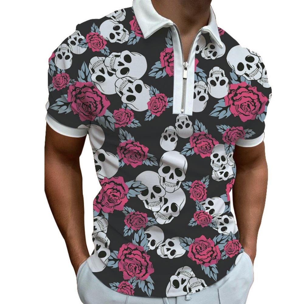 Men's Polo Shirt Business Casual Collar Retro Short Sleeve Zipper Golf Top
