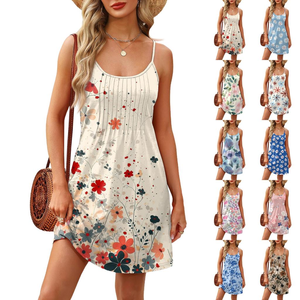Fashion Women Summer Dress Vintage Floral Print Adjustable Spaghetti Straps Beach Vacation Casual Dress With Pockets