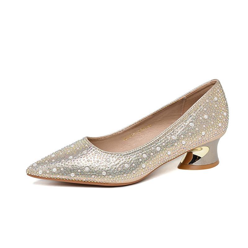Autumn new rhinestone thick heel single shoes women's 2025 versatile pointed comfortable middle heel women's shoes Xi mother-in-law wedding shoes