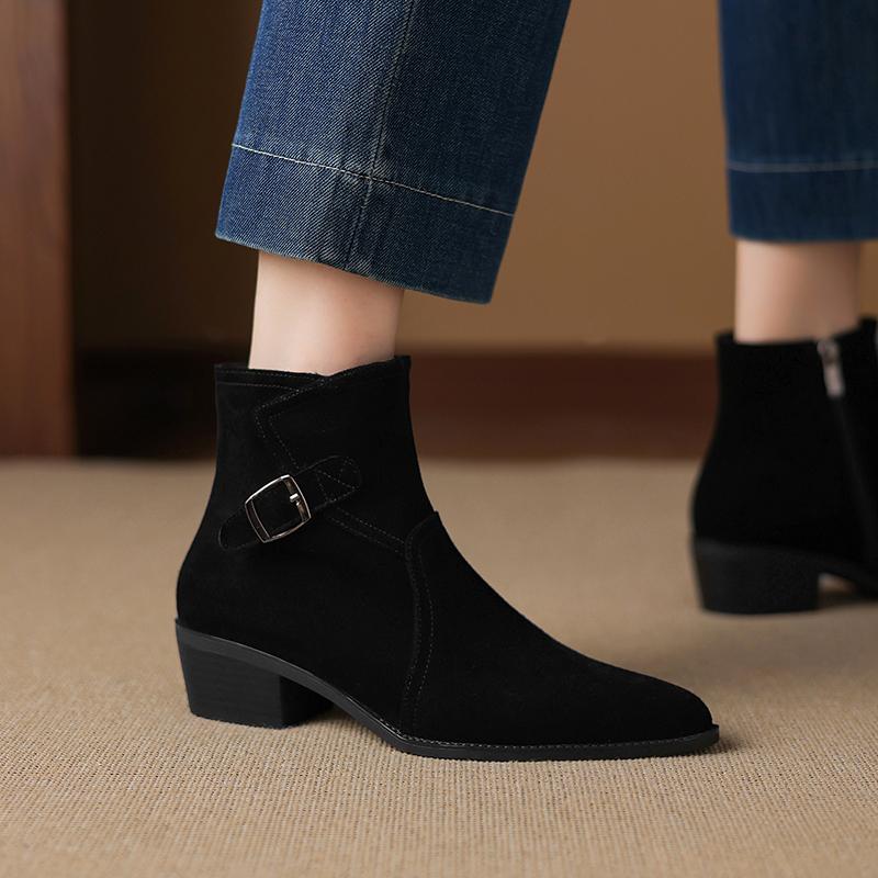 Fashion 2025 NEW Autumn Women Boots Cow Suede Leather Women Shoes Pointed Toe Ankle Boots Chunky Heel Western Modern Chelsea Boots