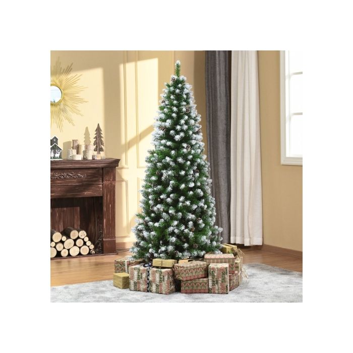 HOMCOM Sapin de Noël artificiel, 630 branches, 37 pommes de pin, sommets enneigés, ignifuge, 180 cm