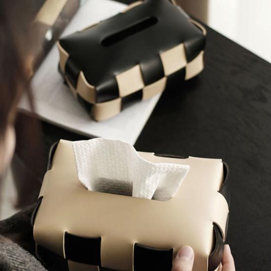 Checkered Tissue Box, with Flip-Open Top, PU Leather Tissue Holder, Stain-Proof Facial Tissue Dispenser, for Bathroom Car Bedroom
