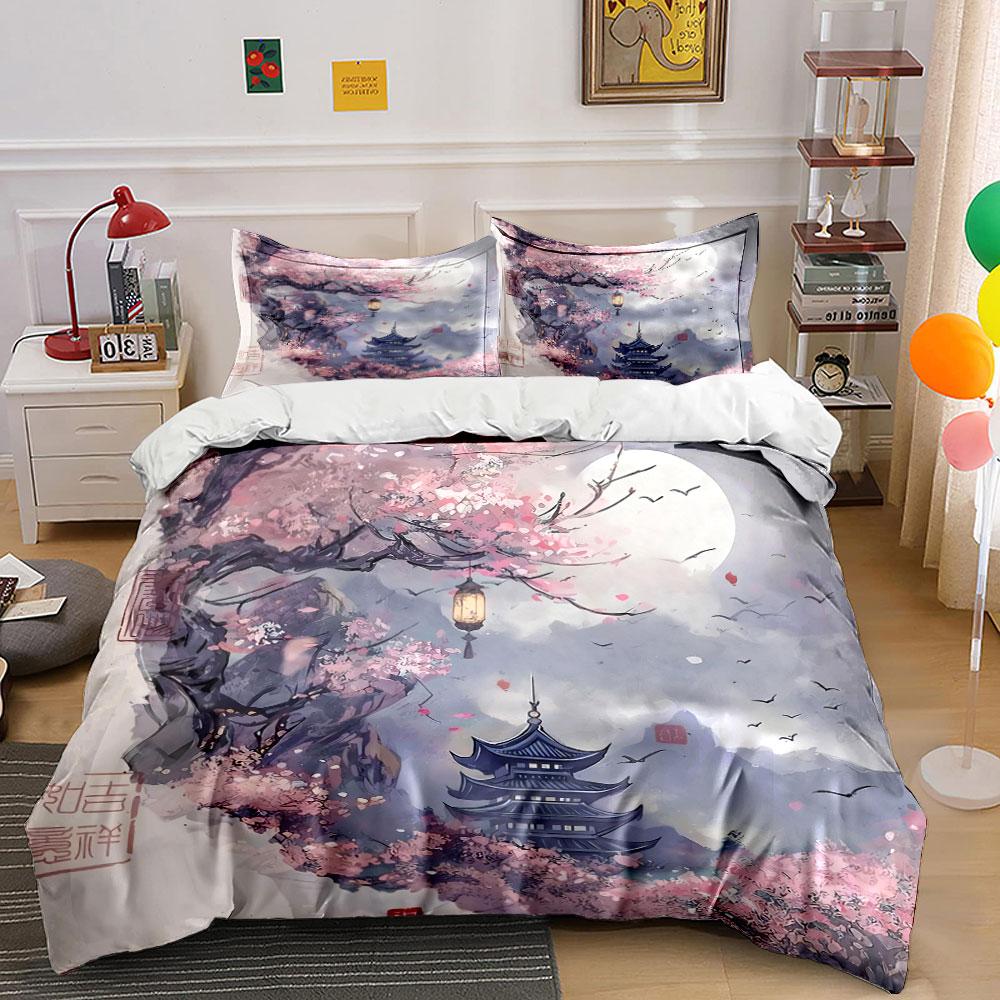 "Cherry Blossom Landscape Decoration Set" Bedding Set with 1 Duvet Cover 2 Pillowcases Single Double King Queen, Gift