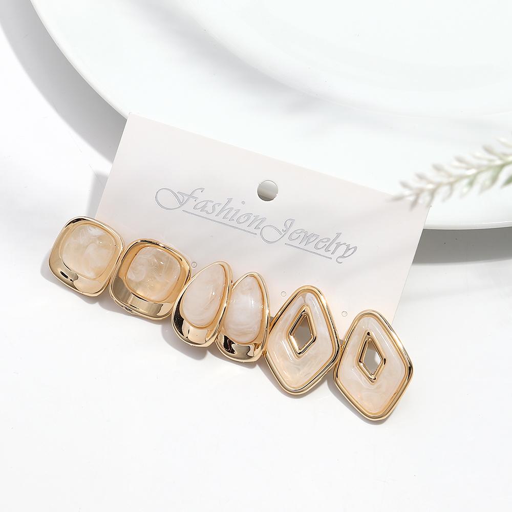 Retro 3pairs Gold Plated Geometric Acrylic Stud Earrings for Women Irregular Square Water Drop Earring Fashion Jewelry Set Gifts белый