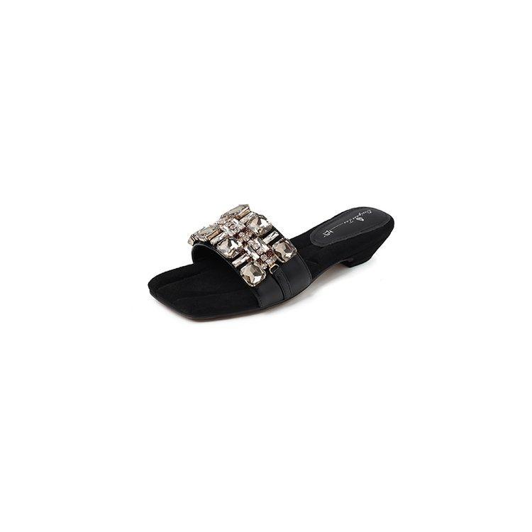 Comfort Version~ French Temperament Rhinestone High-end Sense with Sandals Women's Summer Wear Versatile Thick Heel Cool Slippers