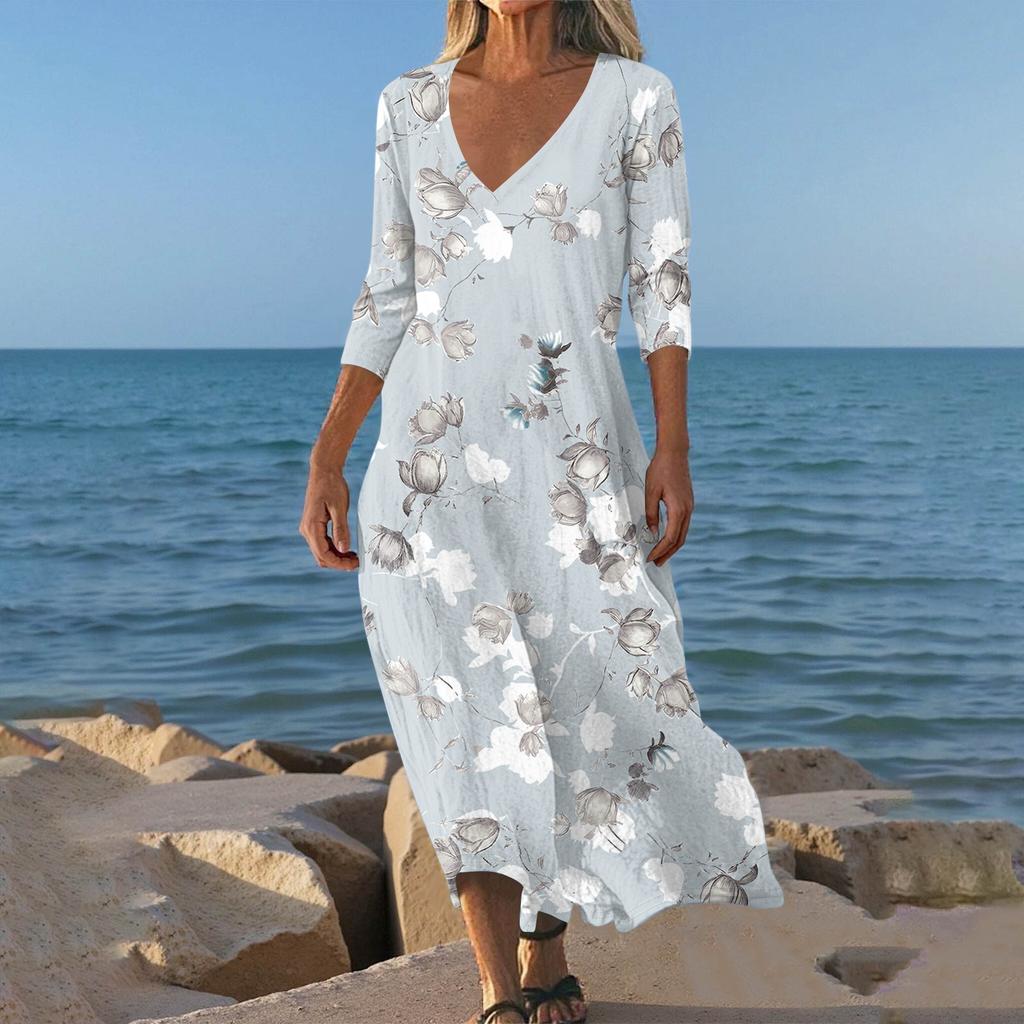 Kjoler For Damer Vintage Print Tunika Midjet Midi Kjole Sommer Hverdagslig 3/4 Ermet Kjole