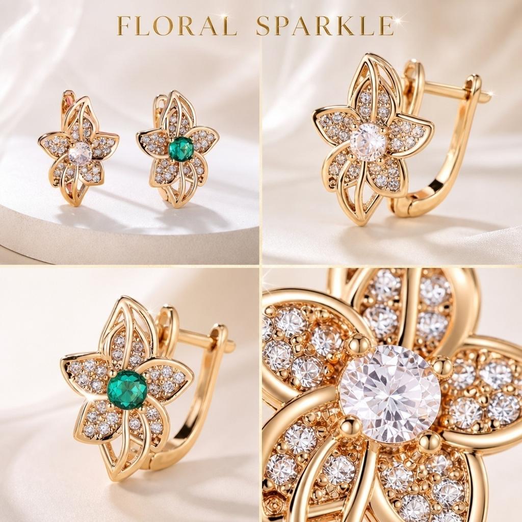 Flower Stud Earrings for Women, Zircon with Colored Border, Everyday Jewelry