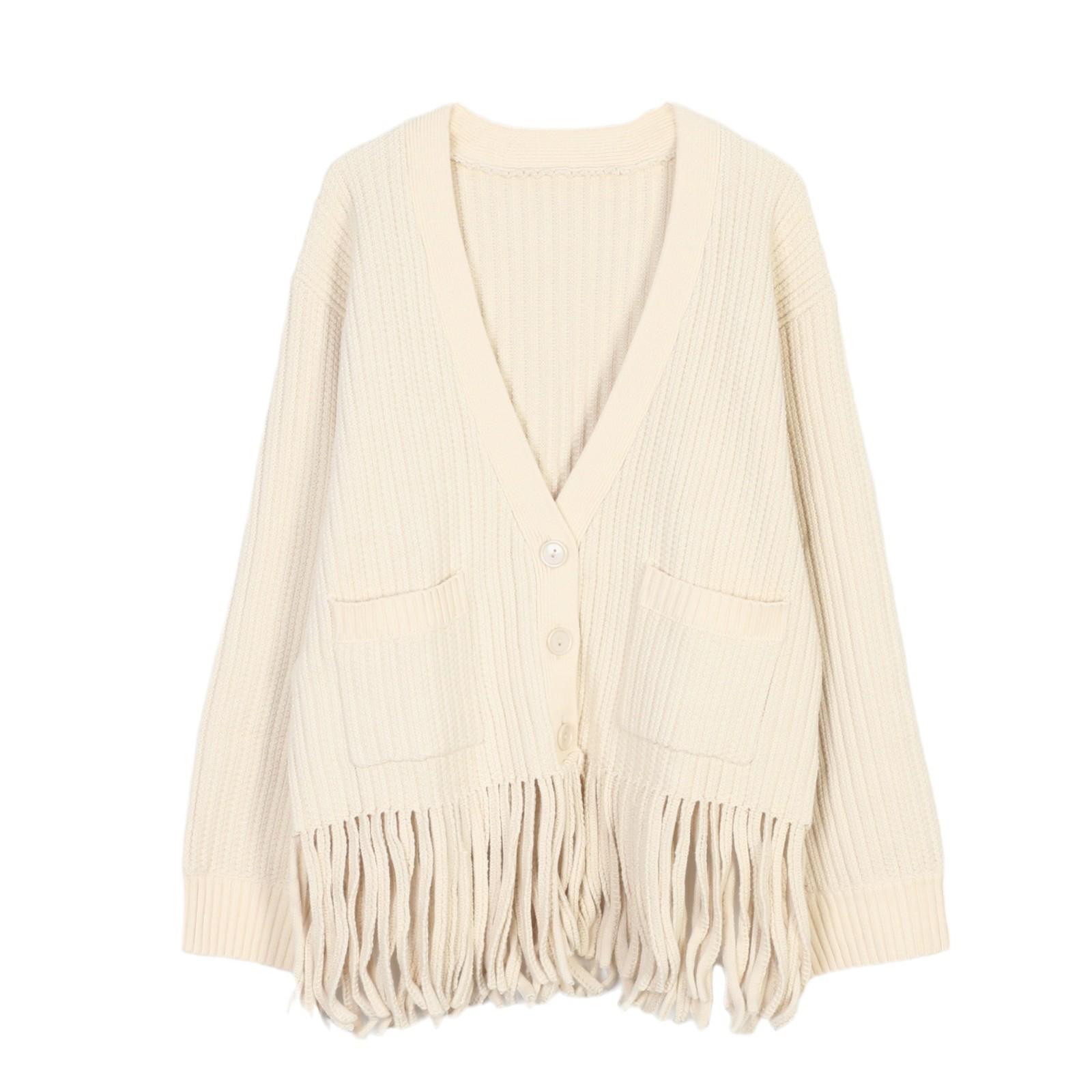 

Женский кардиган крупной вязки с V-образным вырезом S Family - Осень 2024 бахрома по краю S