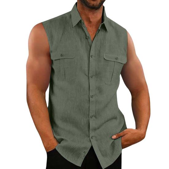 Men Summer Top Sleeveless Solid Color Single-breasted Patch Pockets Mid Length Match Pants Cardigan Lapel Men Summer Vest Men Clothes