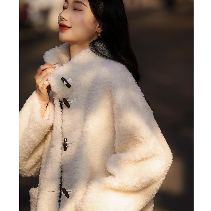 Loose Stand Collar Cow Horn Button Fur Coat