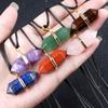 Single Gold Wrapped Double Terminated Crystal Point Pendant 36*13mm Mixed Gemstone Hexagon Wand Necklace 45+5cm Extendable Cord For Spiritual Decor