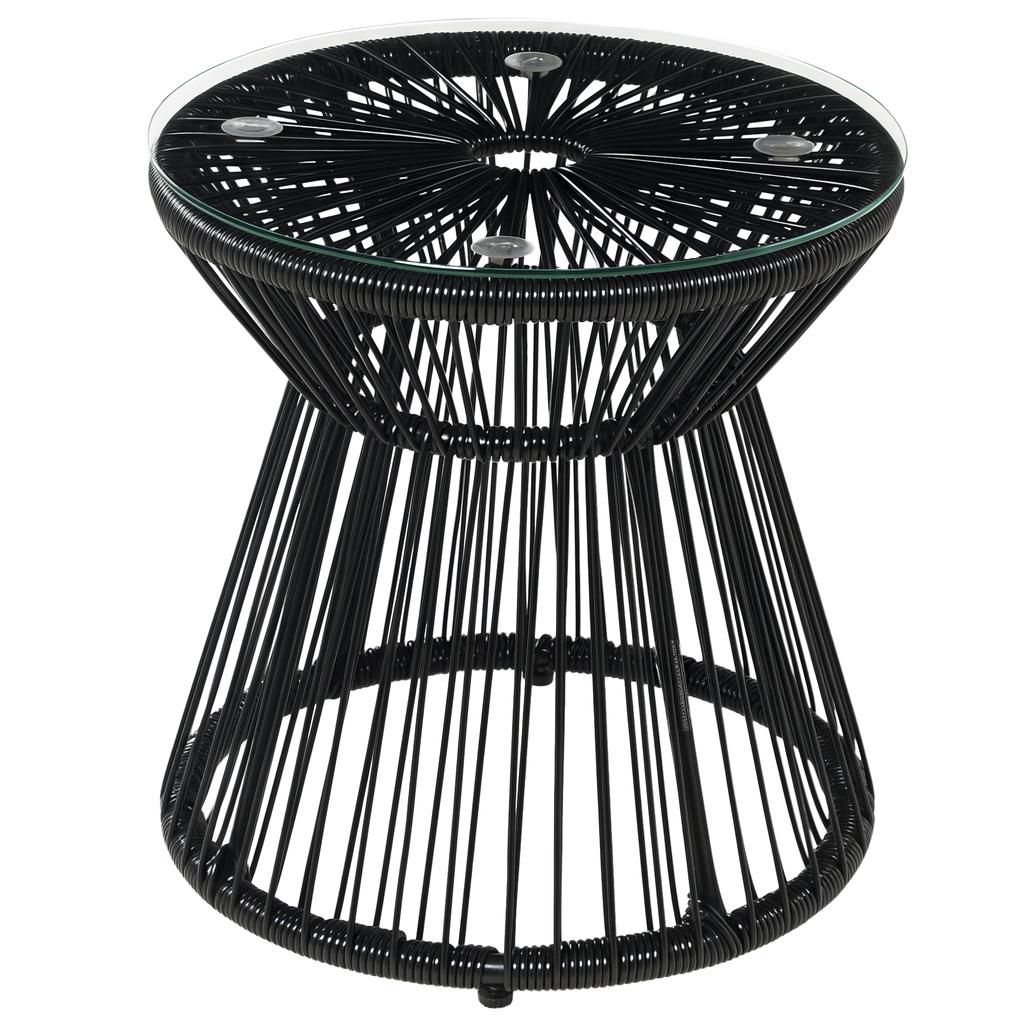 Runder Beistelltisch, Rattan-Beistelltisch, Hohlzylinder-Design Couchtisch mit Glasplatte für Terrasse, Garten, Balkon Schwarz