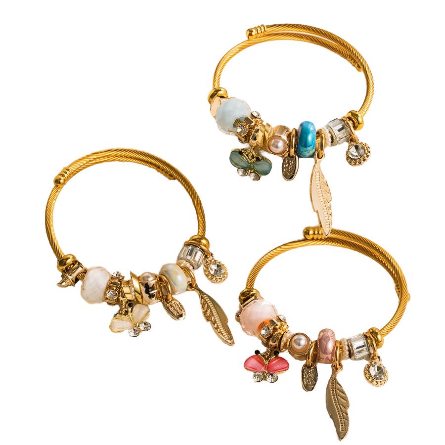 High Quality Gold Plated Stainless Steel Butterfly Heart Charm Bracelet Crystal Pearl Pendant Fashionable Bangle Unisex