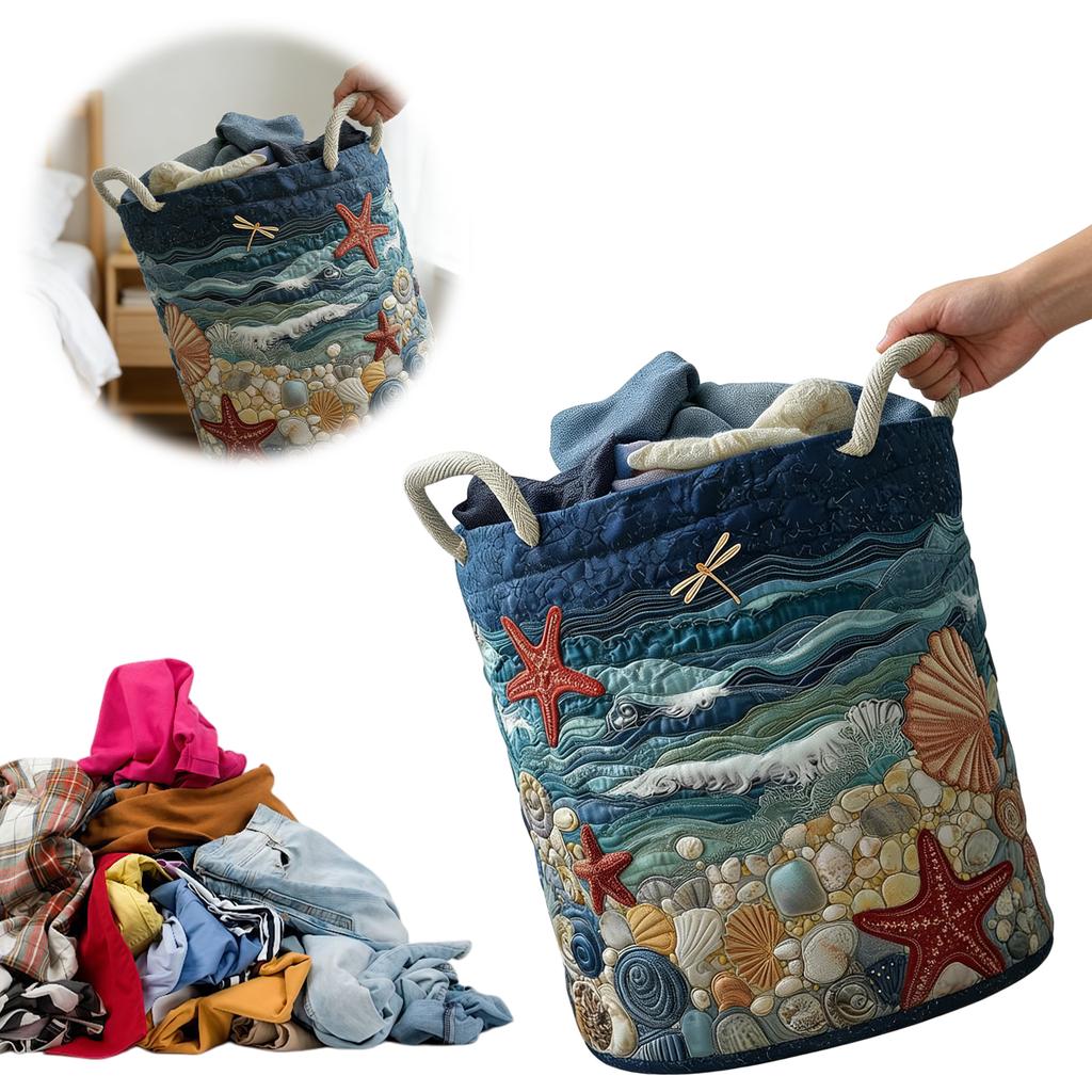 Boho Quilted Laundry Baskets, Fabric Floral Storage Hamper with Handle, Vintage Clothes Storage Basket for Nursery Laundry Room