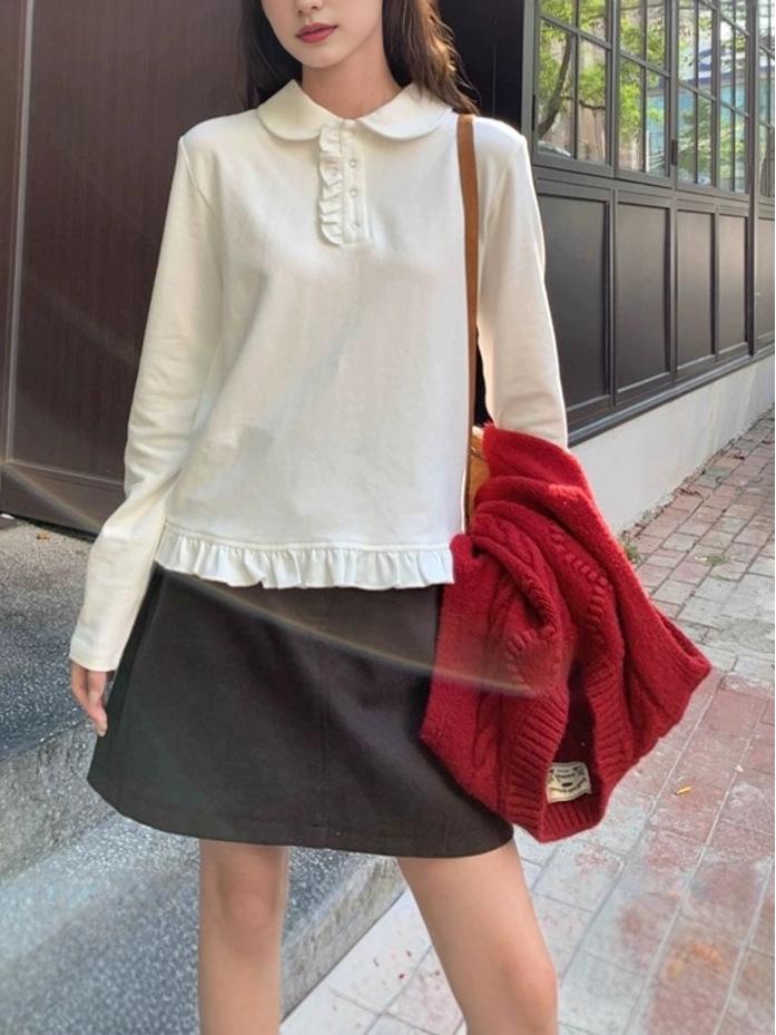 De Rong Women's Autumn 2025 White Doll Collar Long-Sleeve T-shirt