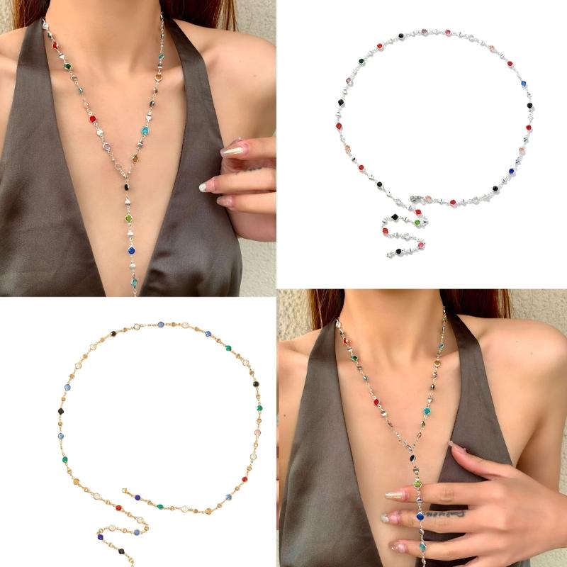 Colorful Crystal Necklace Rhinestones Long Y-Shaped Neckchain Bohemian Clavicle Chain Fashion Accessory for Women