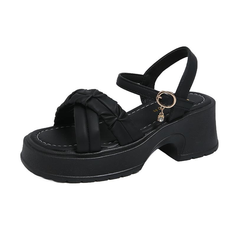 

thick-soled cross-strap fairy wind sandals for women 2025 summer new thick heel outer wear one-button Roman sandals for women 40 чорний