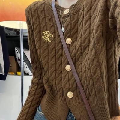 French Vintage Embroidered Knitted Cardigan Coat Women's Autumn Designed Temperament Slim Fit Cable Knit Sweater Top