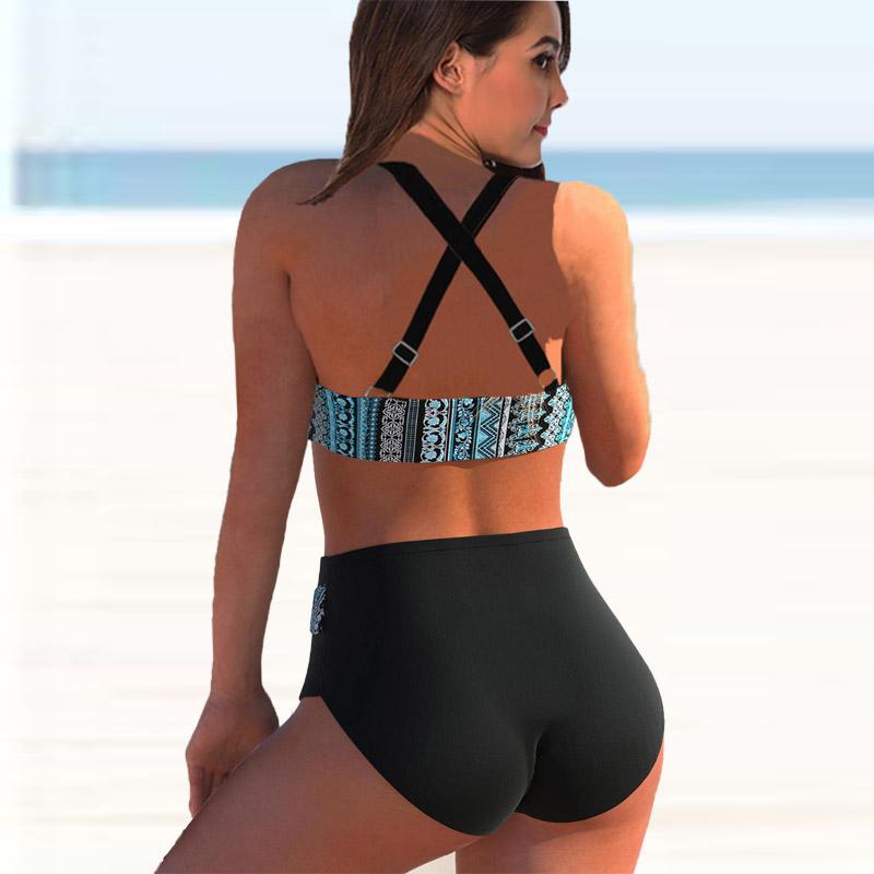 Women's Shoulder Strap Swimsuit Blue Pattern Print Bikini Tankini Swimsuit