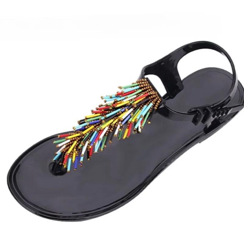 Fashion Colourful String Bead Decoration Design Flat Slippers Women Summer Sexy Clip Toe Ankle Strap Buckle Slipper Comfort Beach Sandal