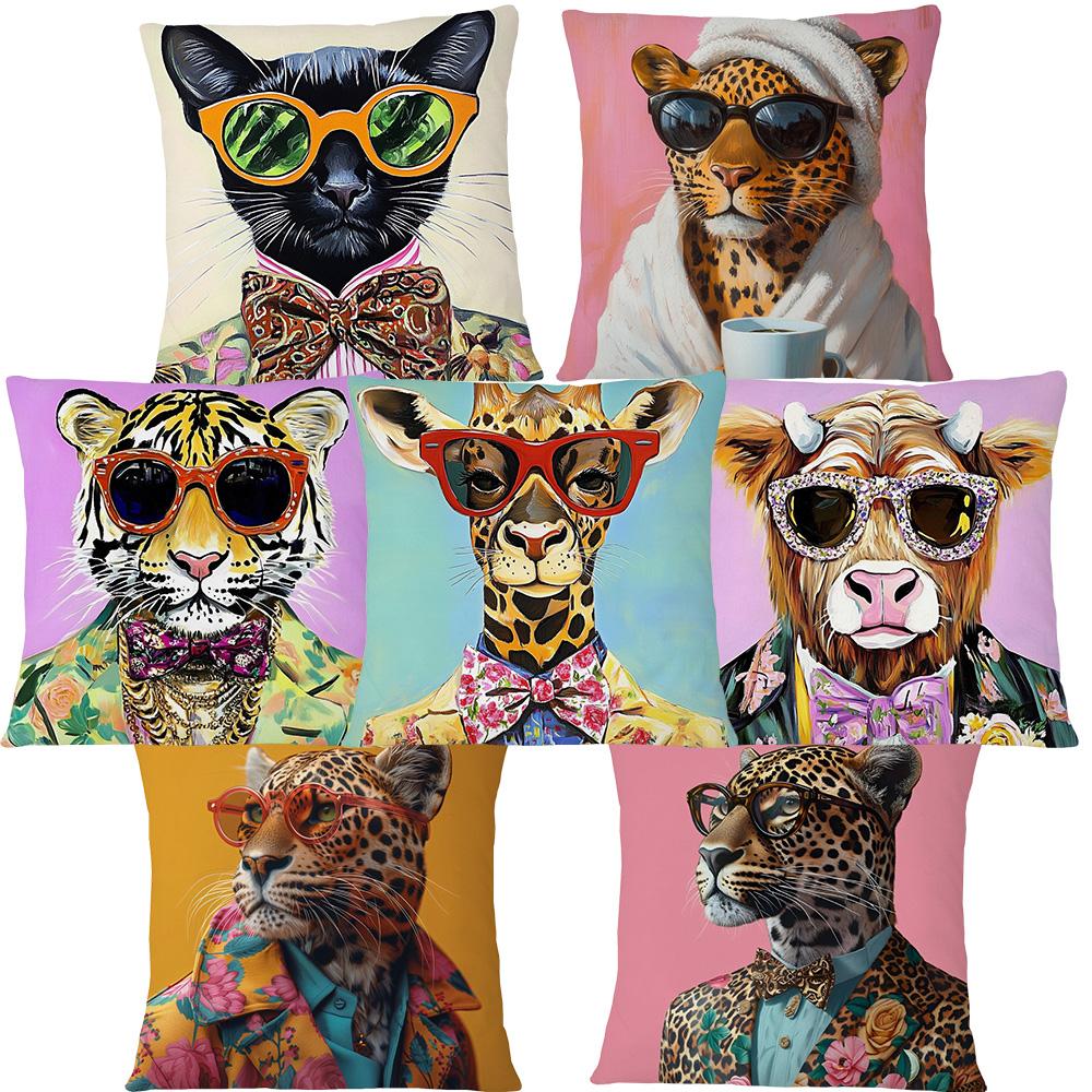 Hipster Fashion Animals Tiger Giraffe Highland Cow Cat Leopard Poster Print Decorative Cushion Cover Pillow Case