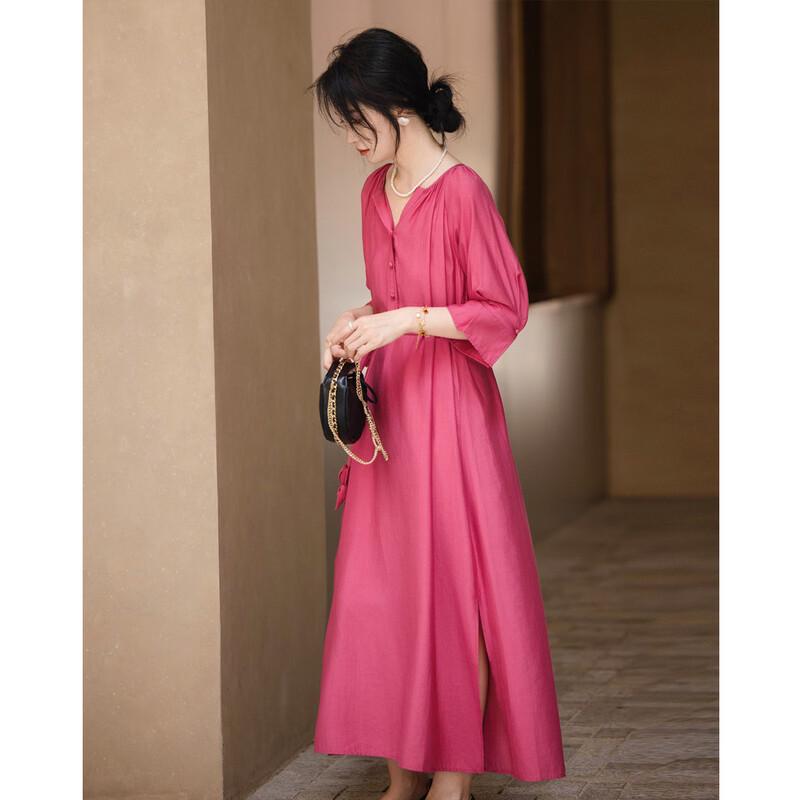 Demana Summer French Style V-Neck Pearl Print Midi Dress M