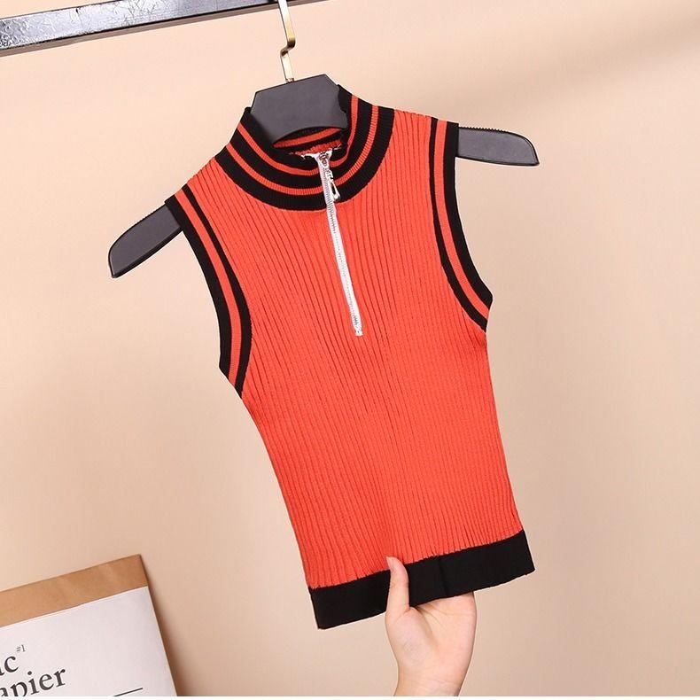 

Укороченный вязаный жилет Женская верхняя одежда Базовый слой Водолазка На молнии Приталенный С высокой талией Слимминг Без рукавов Топ L оранжевый