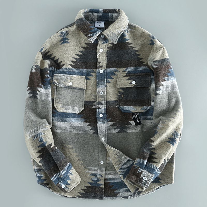 Good Quality Export Factory Lapel Spring & Fall Men s Ethnic Style Thickened Men s Shirt Coat Long Sleeves Men s Clothing Tops Blue L
