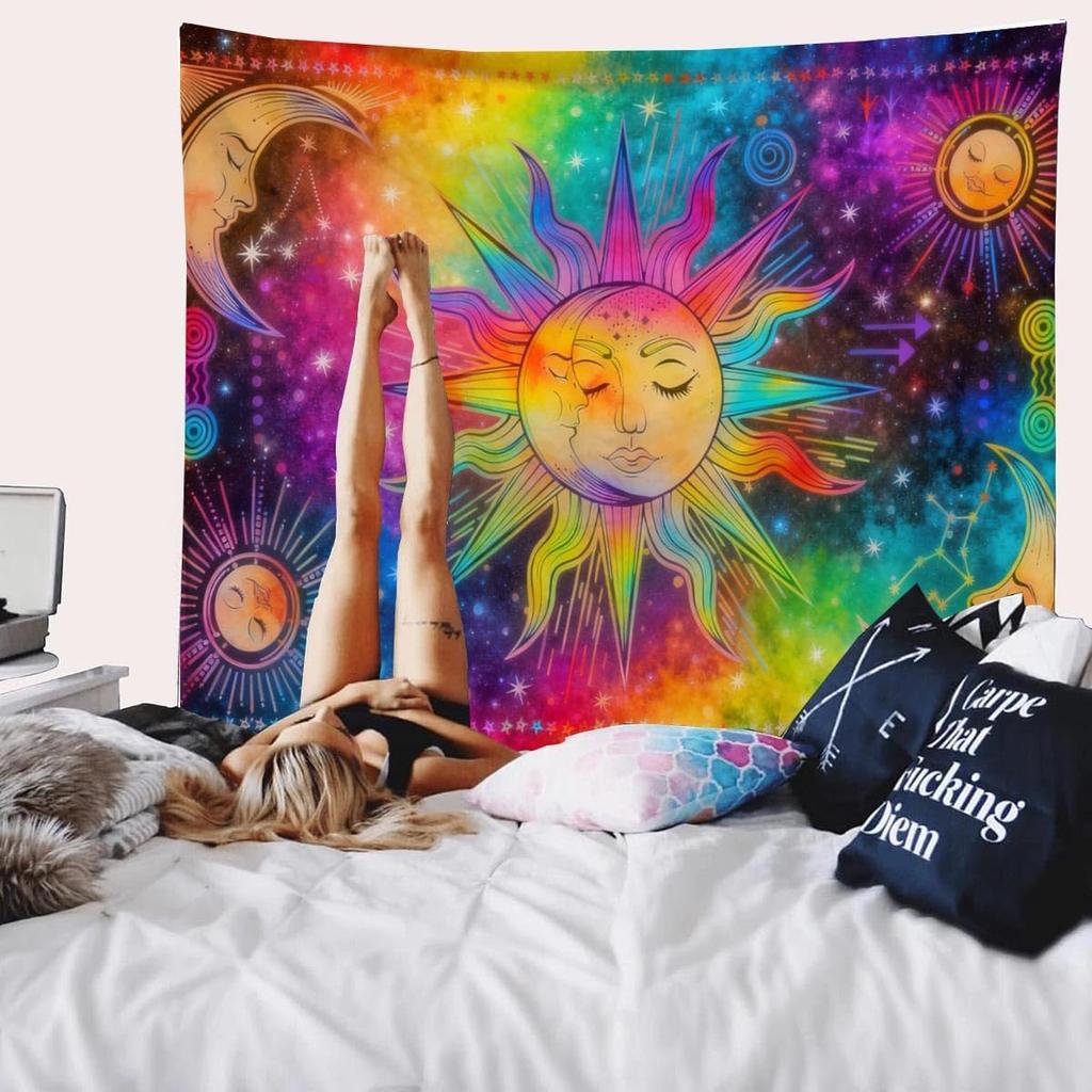 Hippe Boho Sun And Moon Tapestry, Trippy Colorful Tapestries Mystic Aesthetic Burning Sun Moon Wall Hanging Blanket For Bedroom