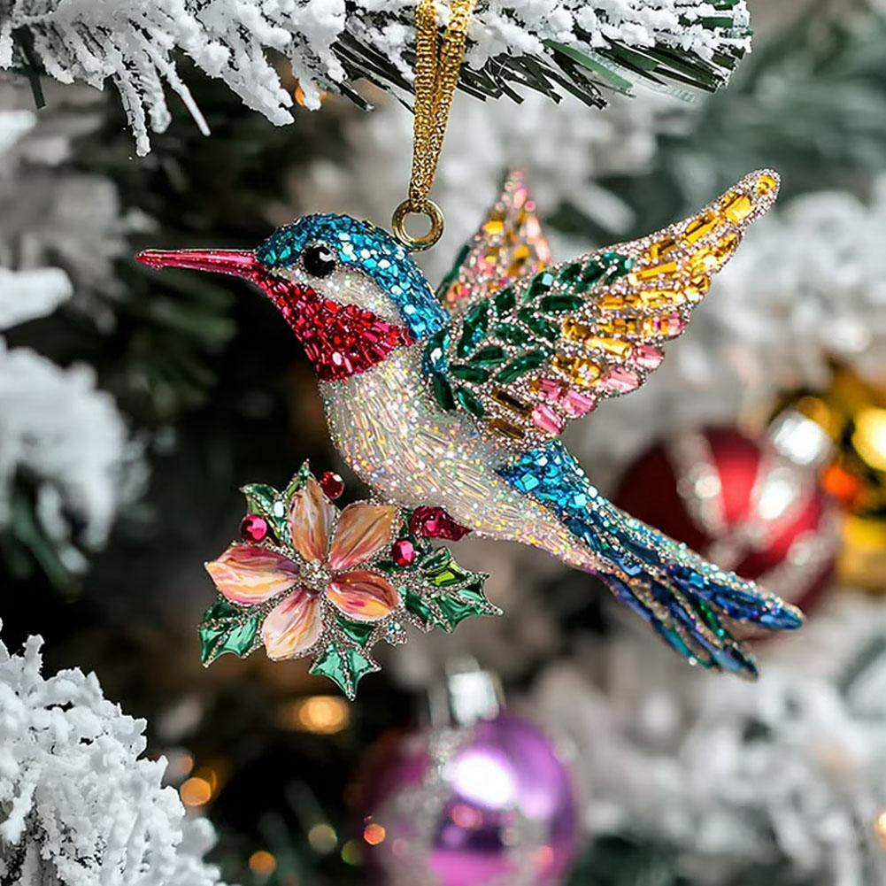 2D Acrylic Hummingbird Ornament Colorful Crystal - Like Bird With Flower For Christmas Tree Hanging Holiday Home Decor Pendant