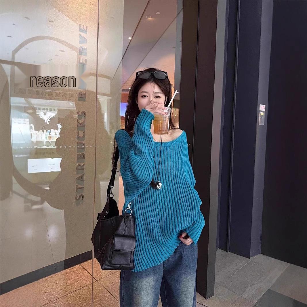Lazy Chic Off-the-Shoulder Knitted Cardigan - Women s Spring Casual Slim Fit Top One Size синий