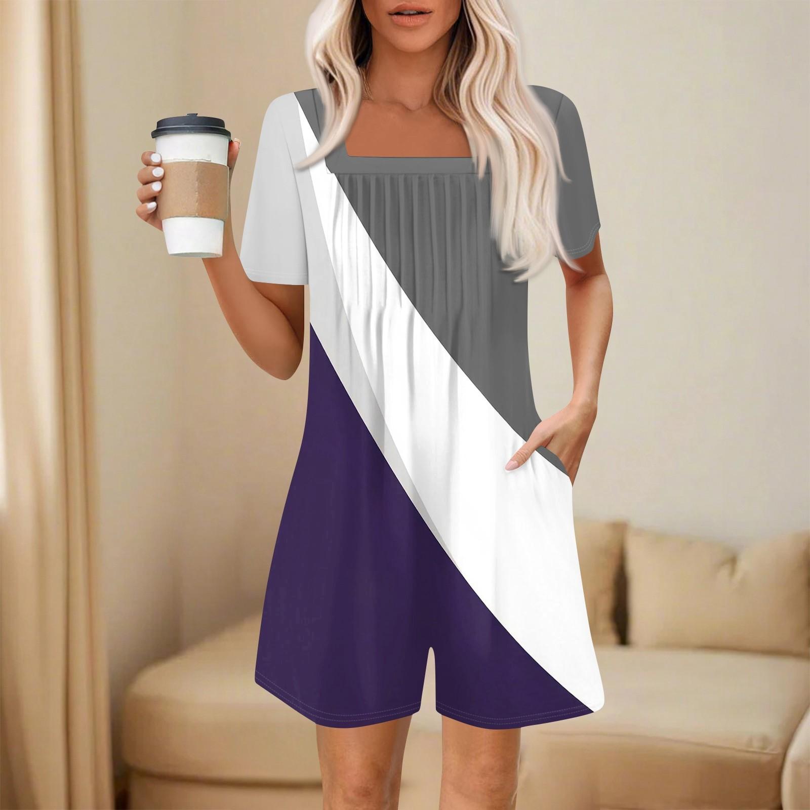 

Жіночий Модний І Повсякденний Комбінезон з Плісированою Кишенею з Коротким Рукавом, Комбінезон з Принтом, Шорти XL фіолетовий