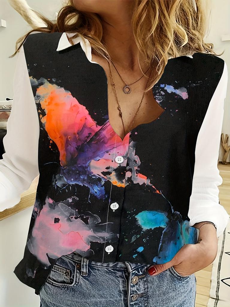 Fashion Retro Butterfly Group Print Long Sleeve Blouse Spring Spring Lapel Button Casual Blouse Ladies Home Shirt