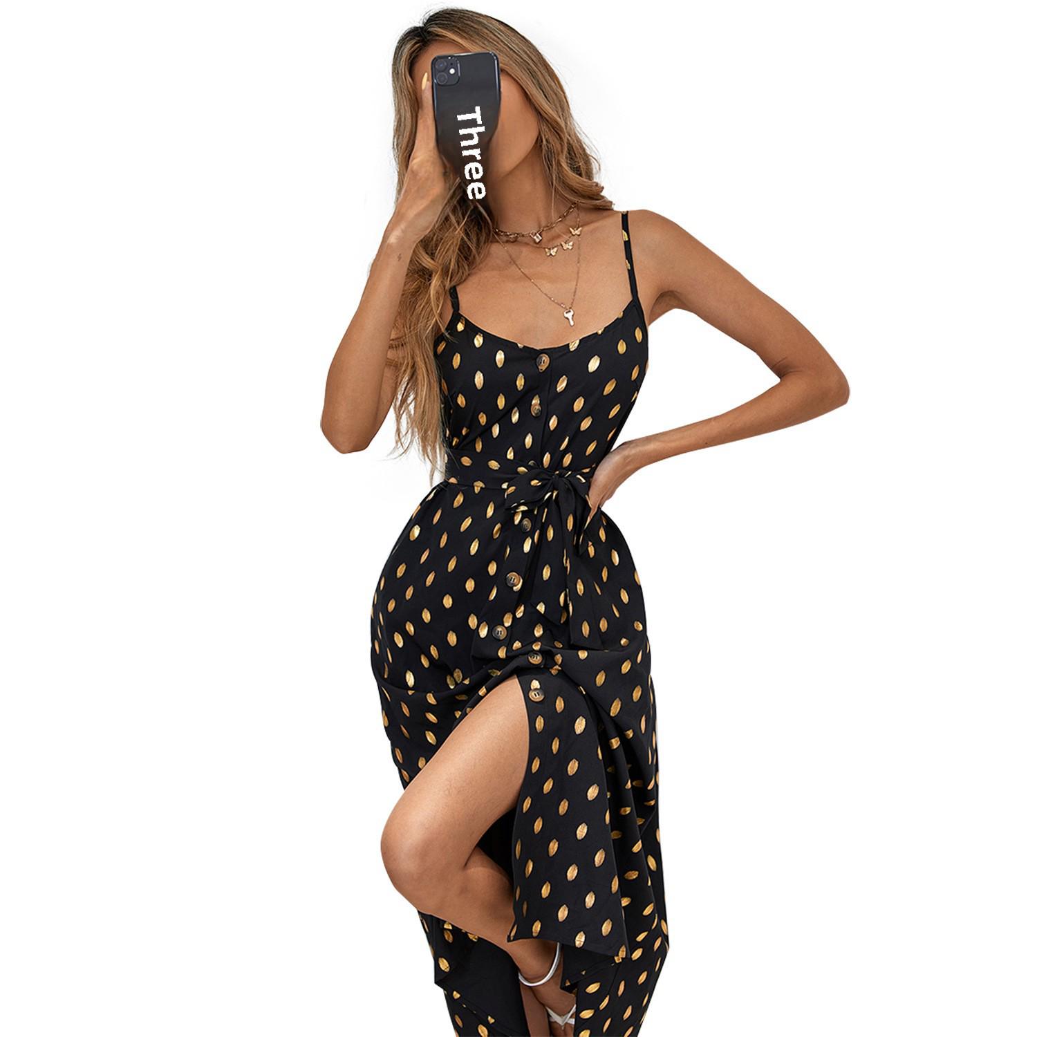 

Женское сексуальное шифоновое платье в горошек с разрезом - Без рукавов на бретелях-спагетти Extra Large чёрный