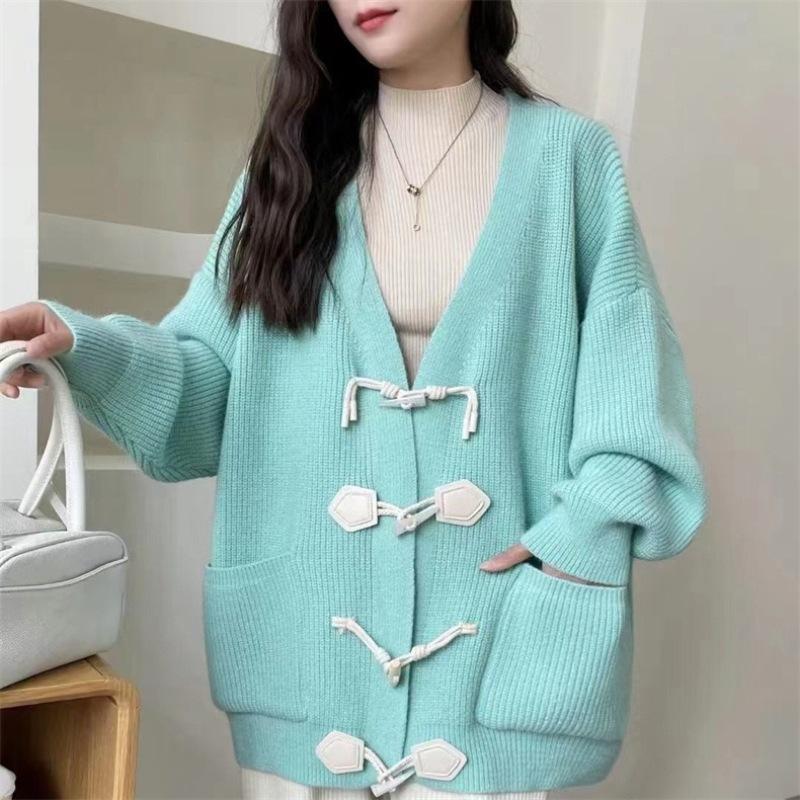 Horn Buckle Loose V-neck Sweater Jacket Autumn and Winter Women's Clothing Wear Lazy Wind Outside Casual Versatile Knitted Cardigan
