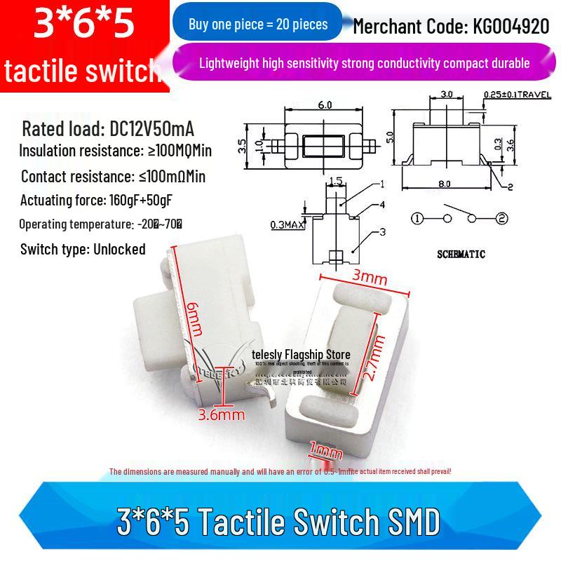 Compact Touch Micro Switch, SMD DIP 4-Pin, 6*6*5mm Miniature.