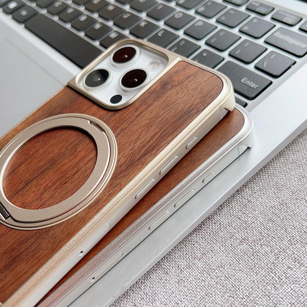 Alloy Wood Hybrid Case For iPhone 13 14 15 16 Pro Max 360° Rotation Metal Stand Matte Magentic Expandable Frameless Case Cover