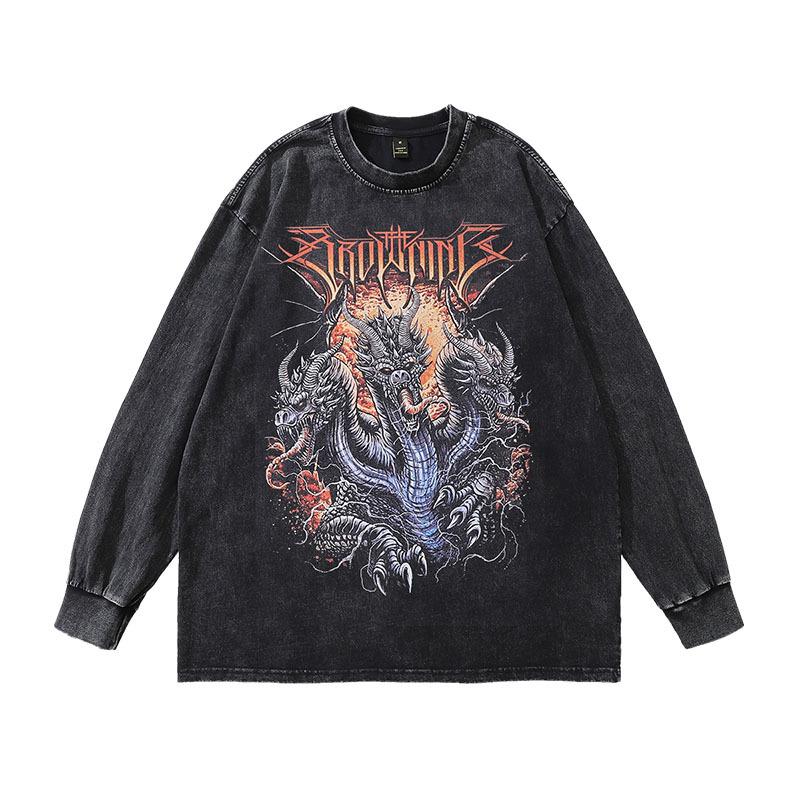 Skull Print Long-Sleeved T-Shirt High Street Trendy Brand Retro Washed Loose Cotton Vintage Top T-Shirt Men