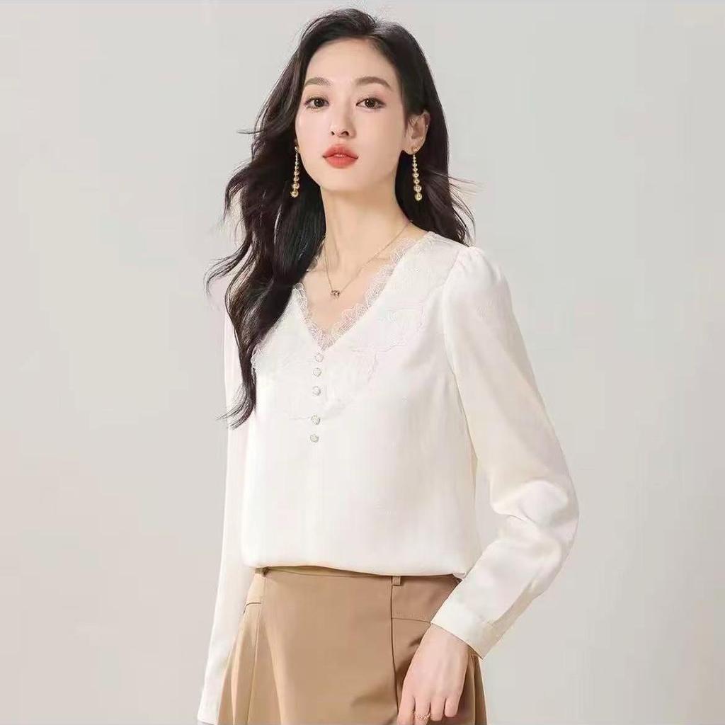 S069 Spring French Lace V-Neck Elegant Long-Sleeve Shirt
