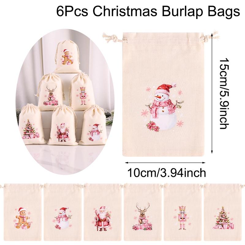 6pcs Christmas Drawstring Pouch Bags Small Candy Gift Bag Navidad Xmas Party Favor Boutique Jewelry Packaging Bags 2026 New Year